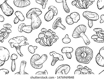 Black mushrooms on a white background. Hand drawing, sketch, seamless autumn pattern.