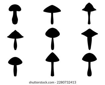 Black mushrooms set isolated on white background. Mushroom silhouettes. Design of mushroom for posters, banners and promotional items. Vector illustration