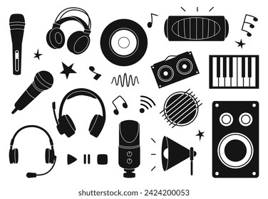 Black music accessories. Headphones, earphones with microphone, musical sound speaker and vinyl. Isolated blogger or streamer equipment, decent vector icons