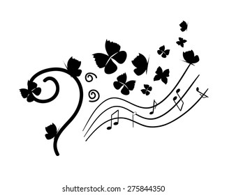 Black music bass clef with element of notes on stave, butterflies. Vector illustration.