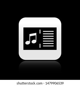 Black Music book with note icon isolated on black background. Music sheet with note stave. Notebook for musical notes. square button. Vector Illustration
