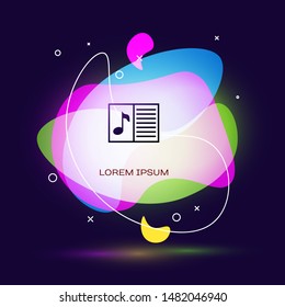Black Music book with note icon isolated on dark blue background. Music sheet with note stave. Notebook for musical notes. Abstract banner with liquid shapes. Vector Illustration