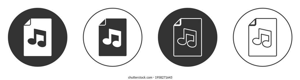 Black Music book with note icon isolated on white background. Music sheet with note stave. Notebook for musical notes. Circle button. Vector