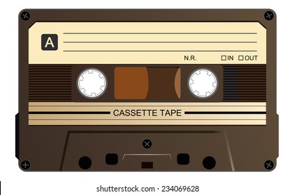 Black music casette, cassette tape with old dirty yellowed label, vector art image illustration, isolated on white background, eps10 