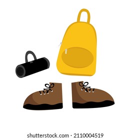 Black music column. Yellow backpack. Brown, rough shoes. Elements for your design. Vector illustration in flat style