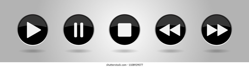 black music control buttons set - five icons with shadows in front of a gray background