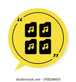 Black Music file document icon isolated on white background. Waveform audio file format for digital audio riff files. Yellow speech bubble symbol. Vector