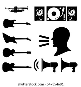 Black music icons set. Music icons set. Set of vector music icons for audio store, radio station and recording studio label.