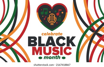 Black Music Month in June. African-American Music Appreciation Month. Celebrated annual in United States. Music concept. Poster, card, banner and background. Vector illustration