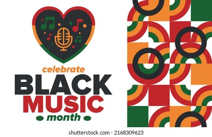 Black Music Month in June. African-American Music Appreciation Month. Celebrated annual in United States. Music concept. Poster, card, banner and background. Vector illustration