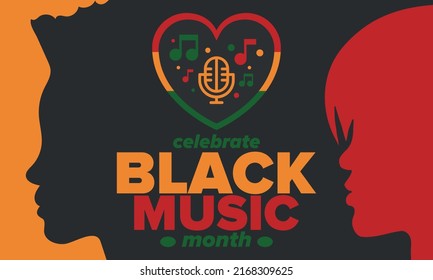 Black Music Month in June. African-American Music Appreciation Month. Celebrated annual in United States. Music concept. Poster, card, banner and background. Vector illustration