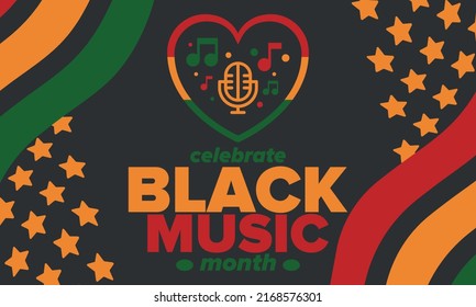 Black Music Month in June. African-American Music Appreciation Month. Celebrated annual in United States. Music concept. Poster, card, banner and background. Vector illustration