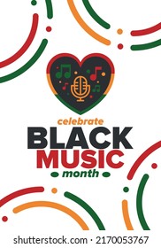 Black Music Month in June. African-American Music Appreciation Month. Celebrated annual in United States. Music concept. Poster, card, banner and background. Vector illustration