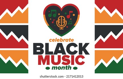 Black Music Month in June. African-American Music Appreciation Month. Celebrated annual in United States. Music concept. Poster, card, banner and background. Vector illustration