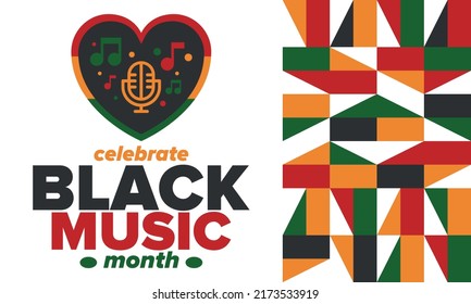 Black Music Month in June. African-American Music Appreciation Month. Celebrated annual in United States. Music concept. Poster, card, banner and background. Vector illustration