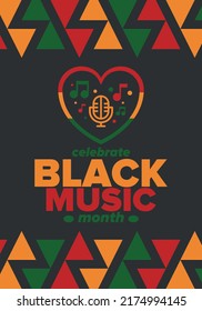 Black Music Month in June. African-American Music Appreciation Month. Celebrated annual in United States. Music concept. Poster, card, banner and background. Vector illustration