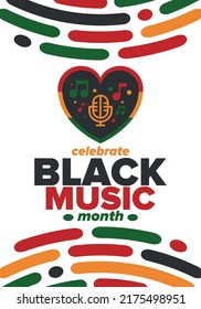 Black Music Month in June. African-American Music Appreciation Month. Celebrated annual in United States. Music concept. Poster, card, banner and background. Vector illustration