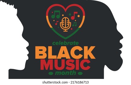 Black Music Month in June. African-American Music Appreciation Month. Celebrated annual in United States. Music concept. Poster, card, banner and background. Vector illustration