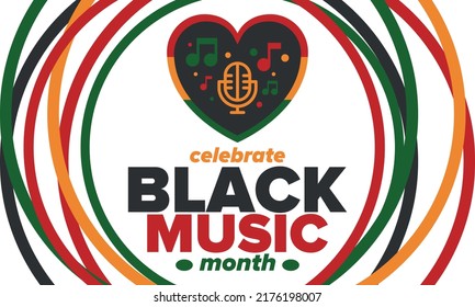 Black Music Month in June. African-American Music Appreciation Month. Celebrated annual in United States. Music concept. Poster, card, banner and background. Vector illustration