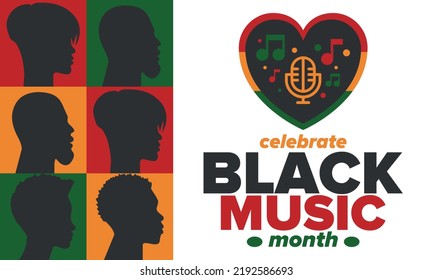 Black Music Month in June. African-American Music Appreciation Month. Celebrated annual in United States. Music concept. Poster, card, banner and background. Vector illustration