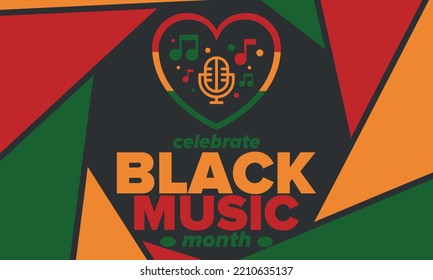 Black Music Month in June. African-American Music Appreciation Month. Celebrated annual in United States. Music concept. Poster, card, banner and background. Vector illustration
