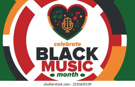 Black Music Month in June. African-American Music Appreciation Month. Celebrated annual in United States. Music concept. Poster, card, banner and background. Vector illustration
