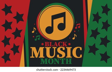 Black Music Month in June. African-American Music Appreciation Month. Celebrated annual in United States. Music concept. Poster, card, banner and background. Vector illustration
