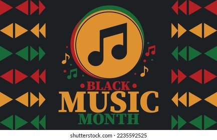Black Music Month in June. African-American Music Appreciation Month. Celebrated annual in United States. Music concept. Poster, card, banner and background. Vector illustration