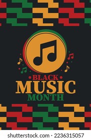 Black Music Month in June. African-American Music Appreciation Month. Celebrated annual in United States. Music concept. Poster, card, banner and background. Vector illustration