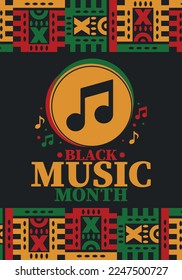 Black Music Month in June. African-American Music Appreciation Month. Celebrated annual in United States. Music concept. Poster, card, banner and background. Vector illustration