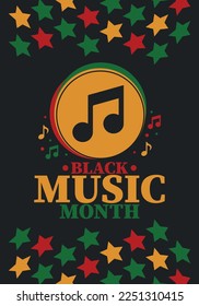 Black Music Month in June. African-American Music Appreciation Month. Celebrated annual in United States. Music concept. Poster, card, banner and background. Vector illustration