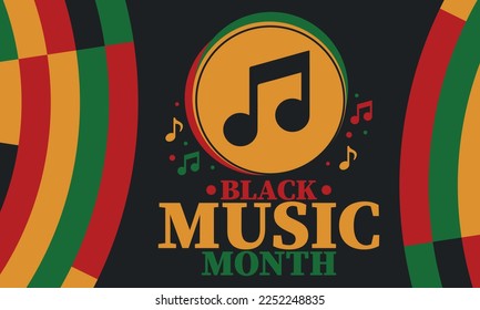 Black Music Month in June. African-American Music Appreciation Month. Celebrated annual in United States. Music concept. Poster, card, banner and background. Vector illustration