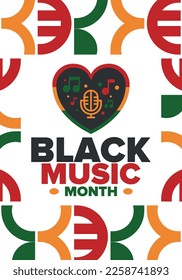 Black Music Month in June. African-American Music Appreciation Month. Celebrated annual in United States. Music concept. Poster, card, banner and background. Vector illustration