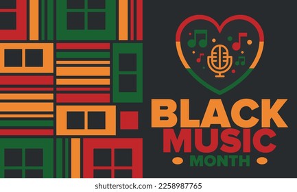 Black Music Month in June. African-American Music Appreciation Month. Celebrated annual in United States. Music concept. Poster, card, banner and background. Vector illustration