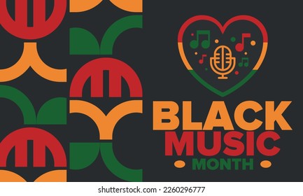 Black Music Month in June. African-American Music Appreciation Month. Celebrated annual in United States. Music concept. Poster, card, banner and background. Vector illustration