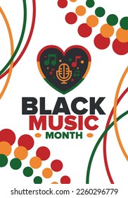 Black Music Month in June. African-American Music Appreciation Month. Celebrated annual in United States. Music concept. Poster, card, banner and background. Vector illustration