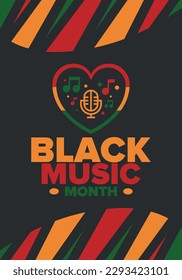 Black Music Month in June. African-American Music Appreciation Month. Celebrated annual in United States. Music concept. Poster, card, banner and background. Vector illustration