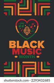 Black Music Month in June. African-American Music Appreciation Month. Celebrated annual in United States. Music concept. Poster, card, banner and background. Vector illustration
