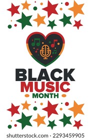Black Music Month in June. African-American Music Appreciation Month. Celebrated annual in United States. Music concept. Poster, card, banner and background. Vector illustration