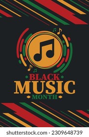 Black Music Month in June. African-American Music Appreciation Month. Celebrated annual in United States. Music concept. Poster, card, banner and background. Vector illustration