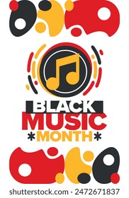Black Music Month in June. African-American Music Appreciation Month. Celebrated annual in United States. Music concept. Poster, card, banner and background. Vector illustration
