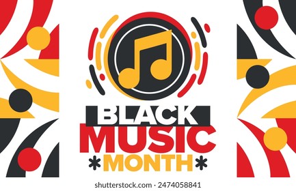 Black Music Month in June. African-American Music Appreciation Month. Celebrated annual in United States. Music concept. Poster, card, banner and background. Vector illustration