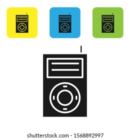 Black Music MP3 player icon isolated on white background. Portable music device. Set icons colorful square buttons. Vector Illustration