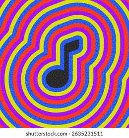 Schwarzes Notensymbol, zentriert auf lebendigen konzentrischen Regenbogenlinien. Vektorgrafik.