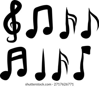 Icono de nota musical negro con clave de agudos y varios símbolos musicales. Ilustraciones planas atrevidas perfectas para App de audio, diseño de medios y temas de sonido.