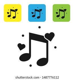 Black Music note, tone with hearts icon isolated on white background. Set icons colorful square buttons. Vector Illustration