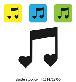 Black Music note, tone with hearts icon isolated on white background. Valentines day. Set icons colorful square buttons. Vector Illustration