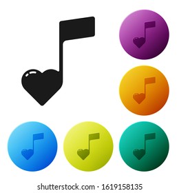 Black Music note, tone with hearts icon isolated on white background. Valentines day. Set icons colorful circle buttons. Vector Illustration