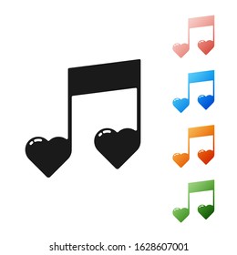 Black Music note, tone with hearts icon isolated on white background. Valentines day. Set icons colorful. Vector Illustration