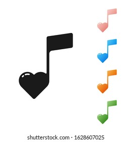 Black Music note, tone with hearts icon isolated on white background. Valentines day. Set icons colorful. Vector Illustration
